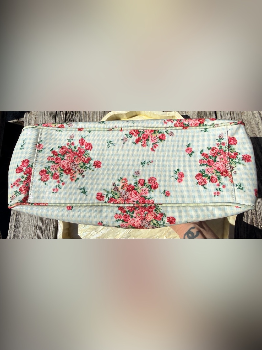 Cath Kidston Blue Gingham Floral Tote with Pink Roses - Picture 4 of 6